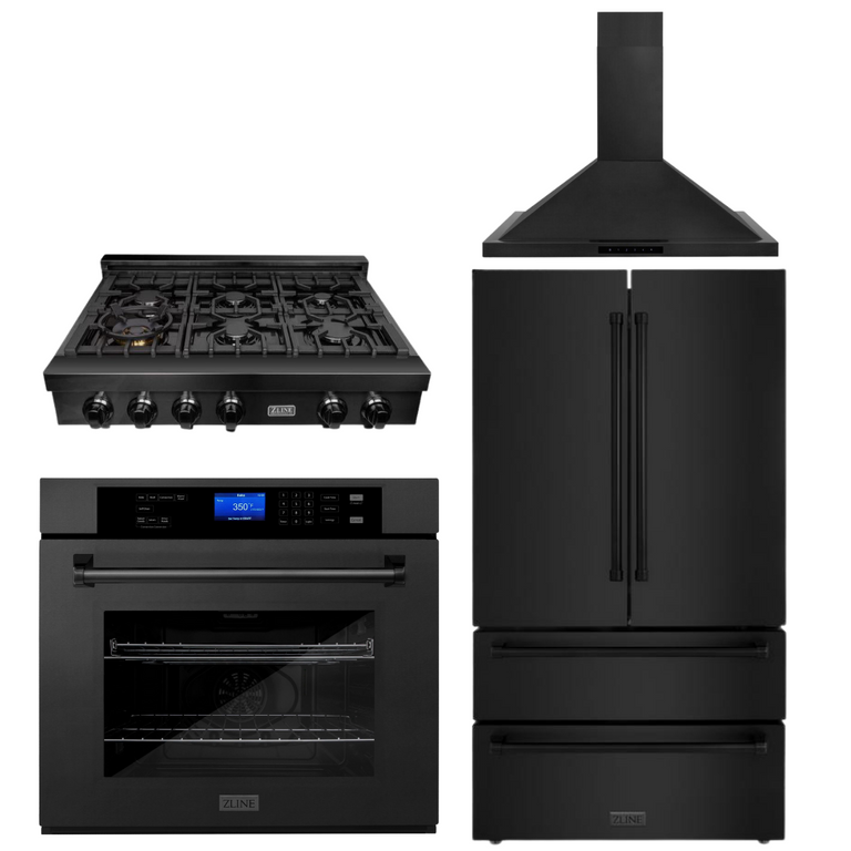 ZLINE 4-Piece Appliance Package - 36 In. Rangetop, Range Hood, Refrigerator, and Wall Oven in Black Stainless Steel - 4KPR-RTBRH36-AWS