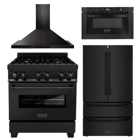 ZLINE Appliance Package - 30 in. Dual Fuel Range, Range Hood, Microwave Drawer, Refrigerator in Black Stainless - 4KPR-RABRH30-MW