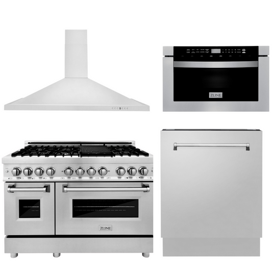 ZLINE Appliance Package - 48 In. Dual Fuel Range, Range Hood, Microwave Drawer, 3 Rack Dishwasher - 4KP-RARH48-MWDWV