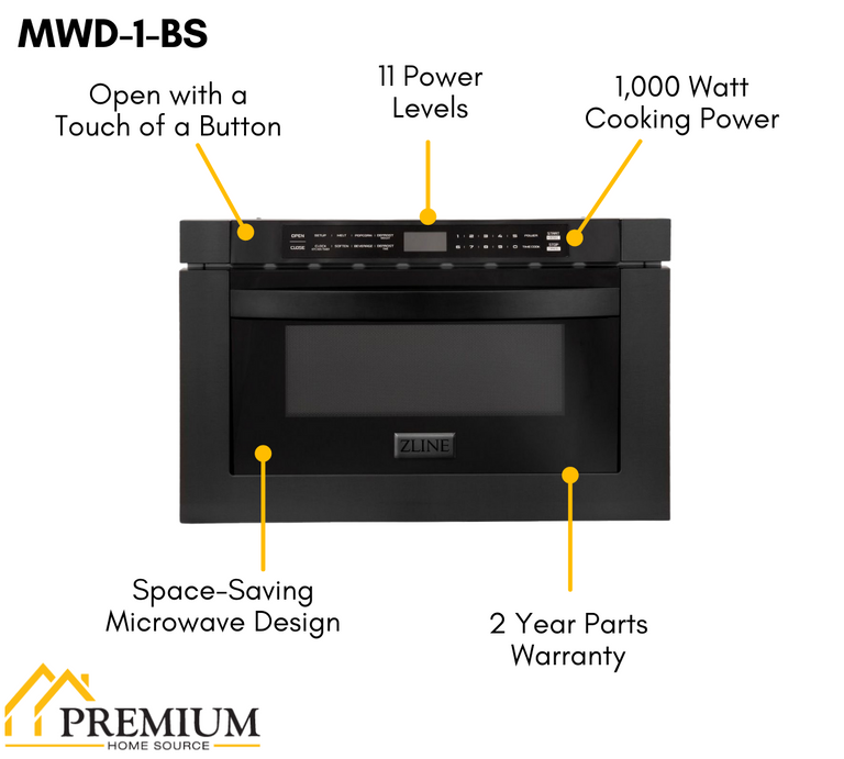 ZLINE Appliance Package - 48 in. Dual Fuel Range, Range Hood, Microwave Drawer, Refrigerator in Black Stainless - 4KPR-RABRH48-MW