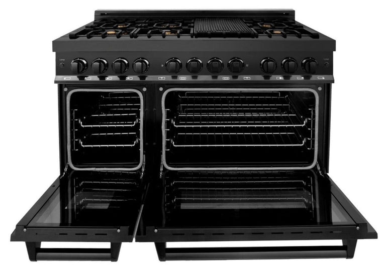 ZLINE Appliance Package - 48 in. Dual Fuel Range, Range Hood, Microwave Drawer, Refrigerator in Black Stainless - 4KPR-RABRH48-MW