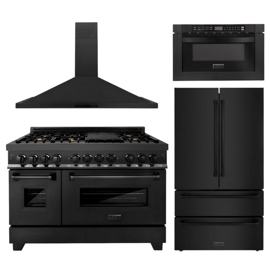 ZLINE Appliance Package - 48 in. Dual Fuel Range, Range Hood, Microwave Drawer, Refrigerator in Black Stainless - 4KPR-RABRH48-MW