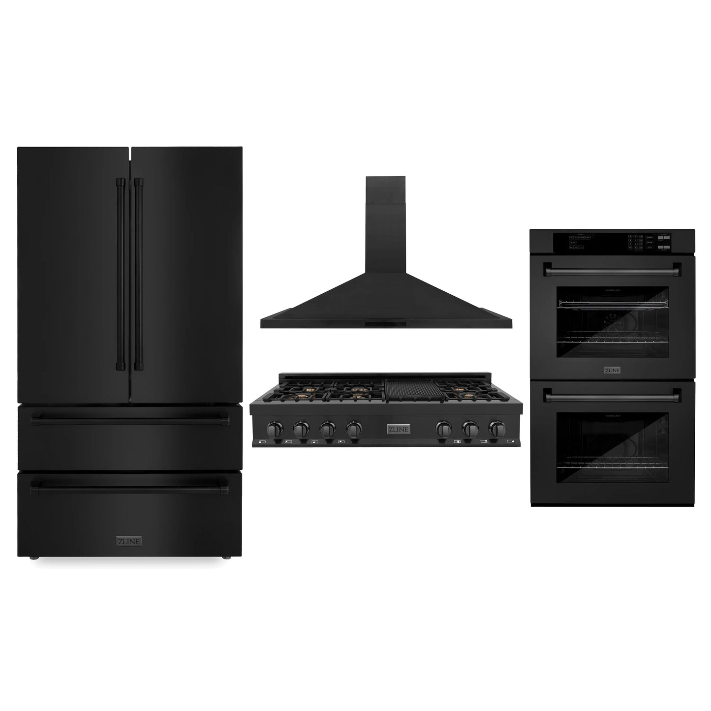 ZLINE Appliance Package - 48" Kitchen Package with Black Stainless Steel Refrigeration, Rangetop, 48" Range Hood and 30" Double Wall Oven - 4KPR-RTBRH48-AWD