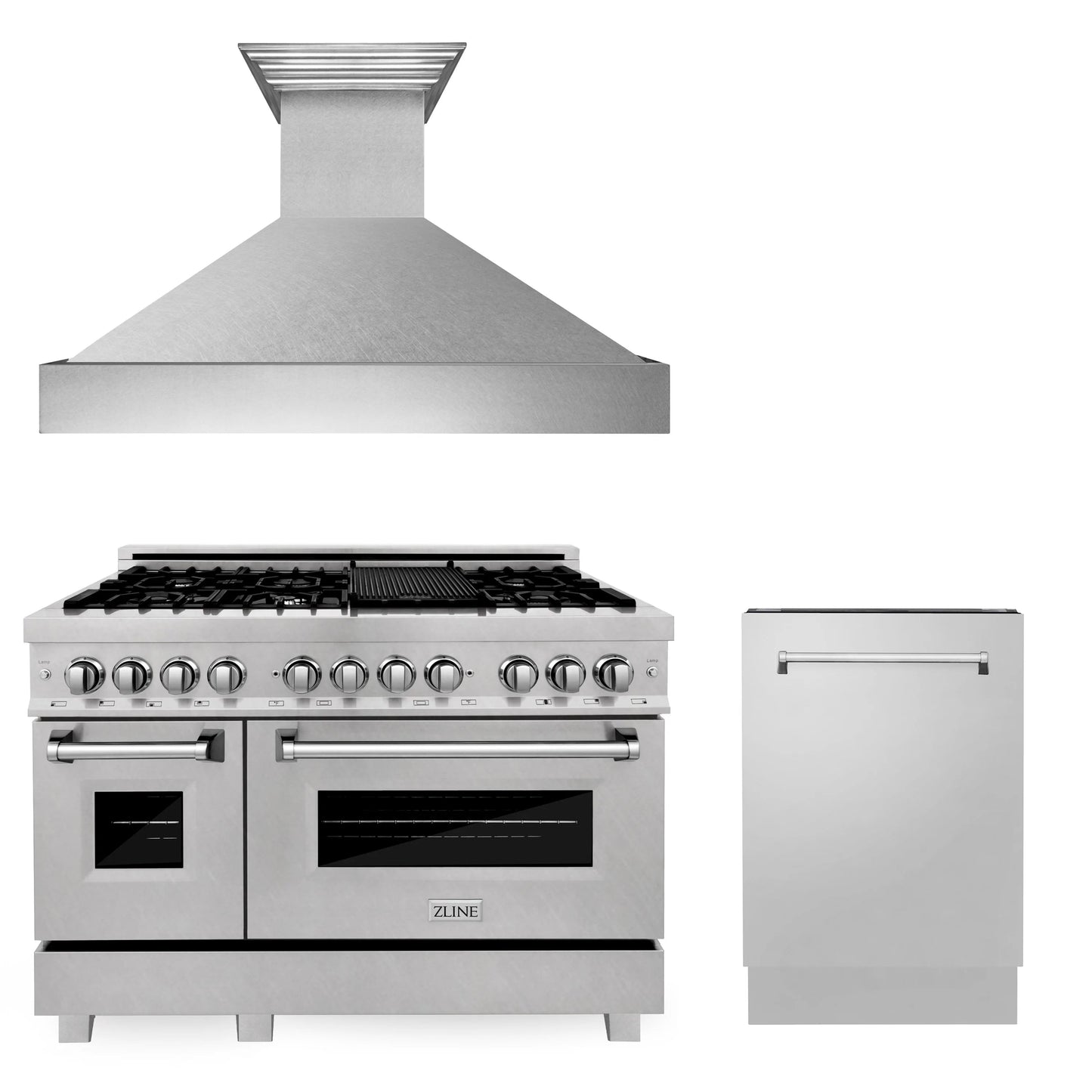 ZLINE Appliance Package -  48" Kitchen Package with DuraSnow® Stainless Dual Fuel Range, Ducted Vent Range Hood and Tall Tub Dishwasher - 3KP-RASRH48-DWV