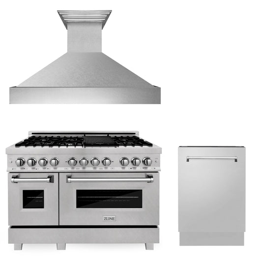 ZLINE Appliance Package -  48" Kitchen Package with DuraSnow® Stainless Dual Fuel Range, Ducted Vent Range Hood and Tall Tub Dishwasher - 3KP-RASRH48-DWV