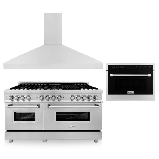 ZLINE Appliance Package -  60" Kitchen Package with Stainless Steel Dual Fuel Range, Convertible Vent Range Hood and 24" Microwave Oven - 3KP-RARHMWO-60