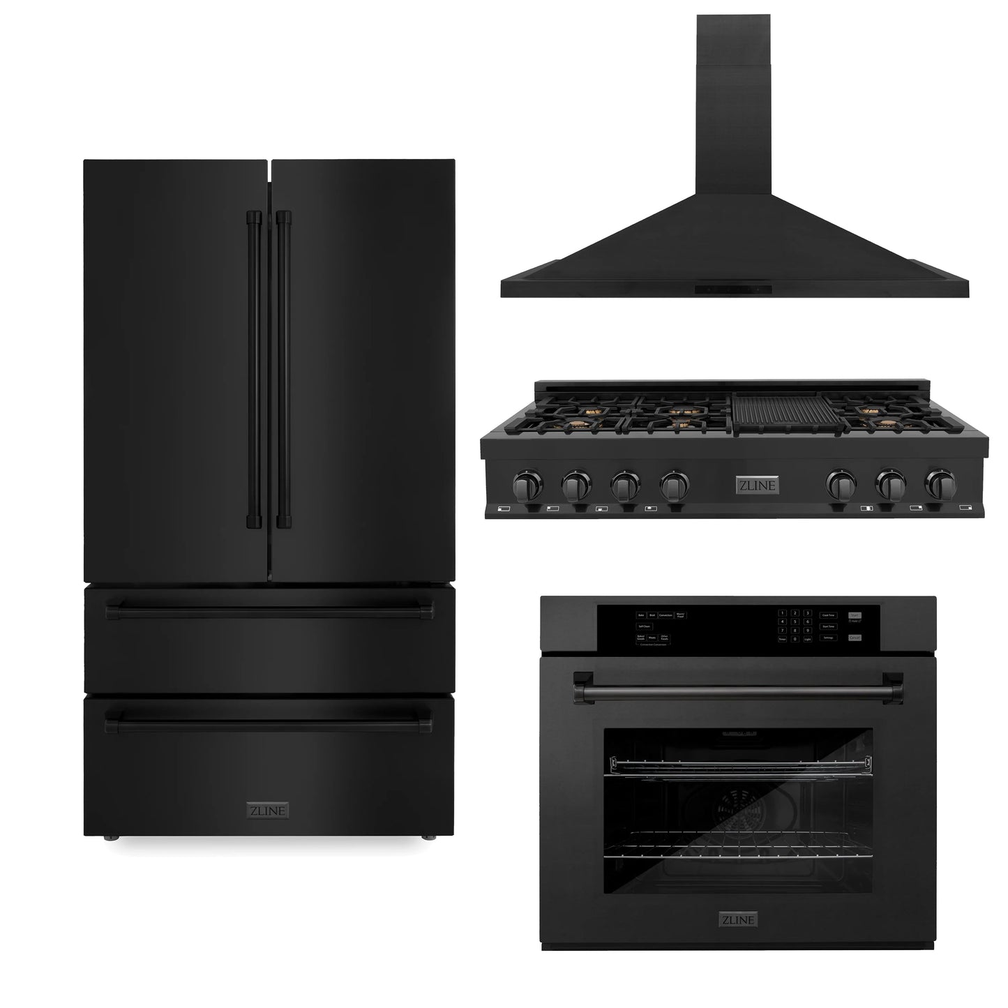 ZLINE Appliance Package -Kitchen Package with Black Stainless Steel Refrigeration, 48" Rangetop, 48" Range Hood and 30" Single Wall Oven - 4KPR-RTBRH48-AWS