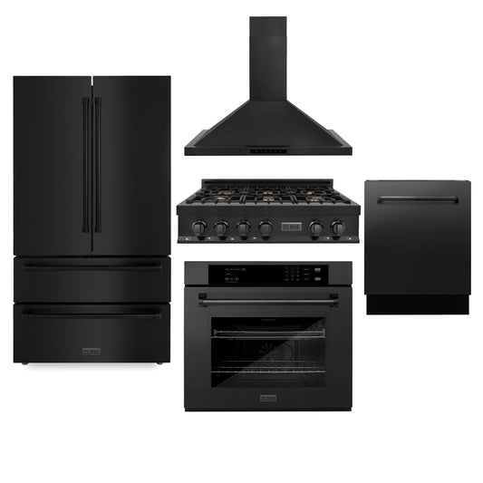 ZLINE Appliance Package - Kitchen Package with Refrigeration, 36" Black Stainless Steel Gas Rangetop, 36" Convertible Vent Range Hood, 30" Single Wall Oven, and 24" Tall Tub Dishwasher - 5KPR-RTBRH36-AWSDWV